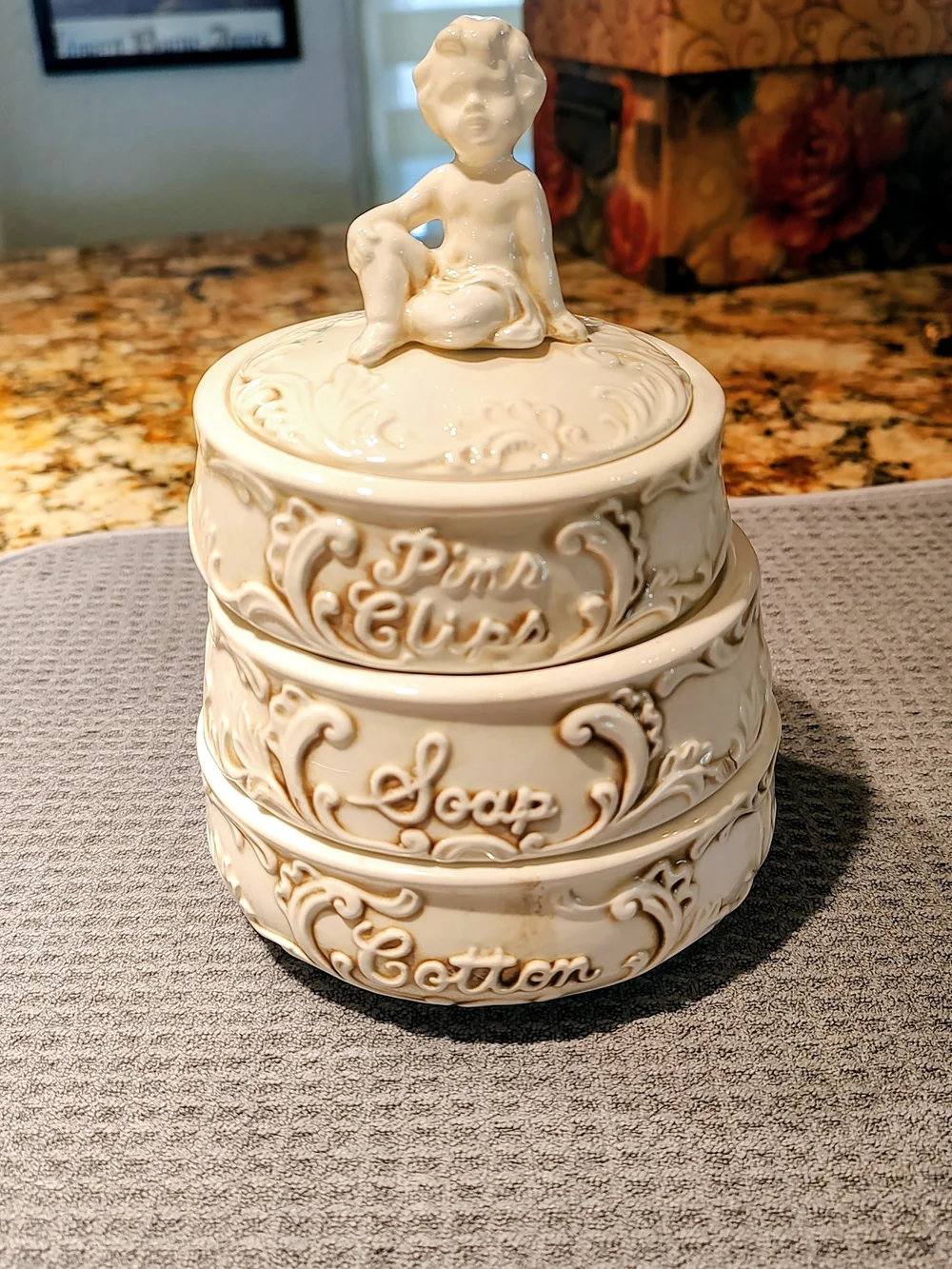 Enesco 1950's Cream Ceramic Stackable Trinket Jars with Cherub Lid